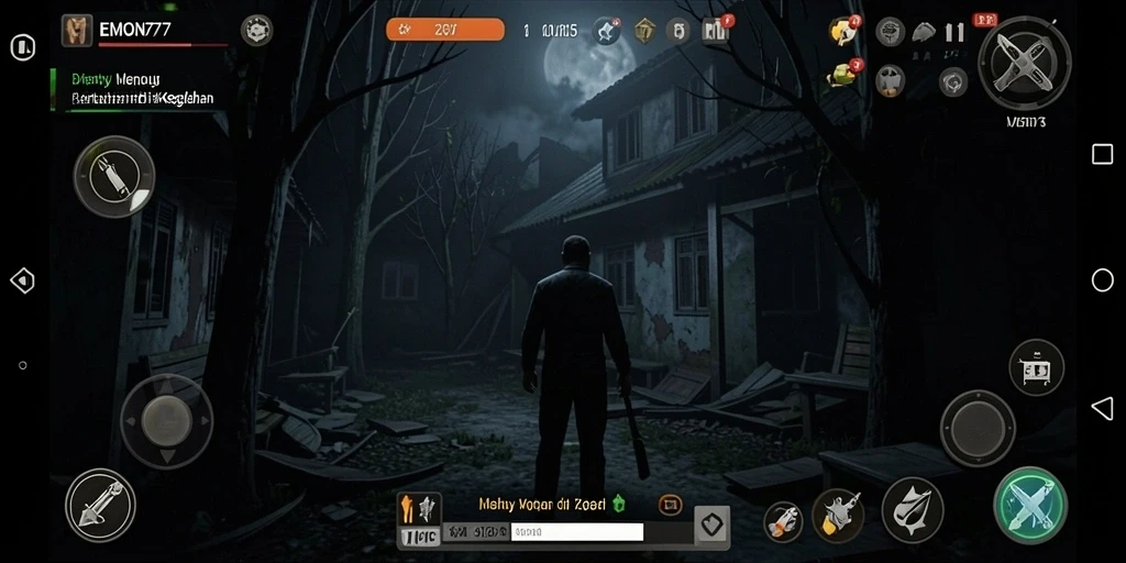 Screenshot EMON777 menampilkan momen menegangkan saat menjelajahi area kelam.